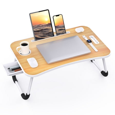 Foldable laptop desk, portable laptop table, bed table tray, laptop stand with cup holder and tablet slot and lifting handle for writing, painting and eating (wood)