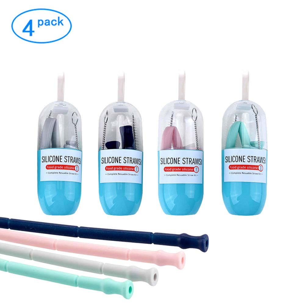 Collapsible Straws, 4 Pack Reusable Silicone Straws with Case, Silicone Collapsible Smoothie