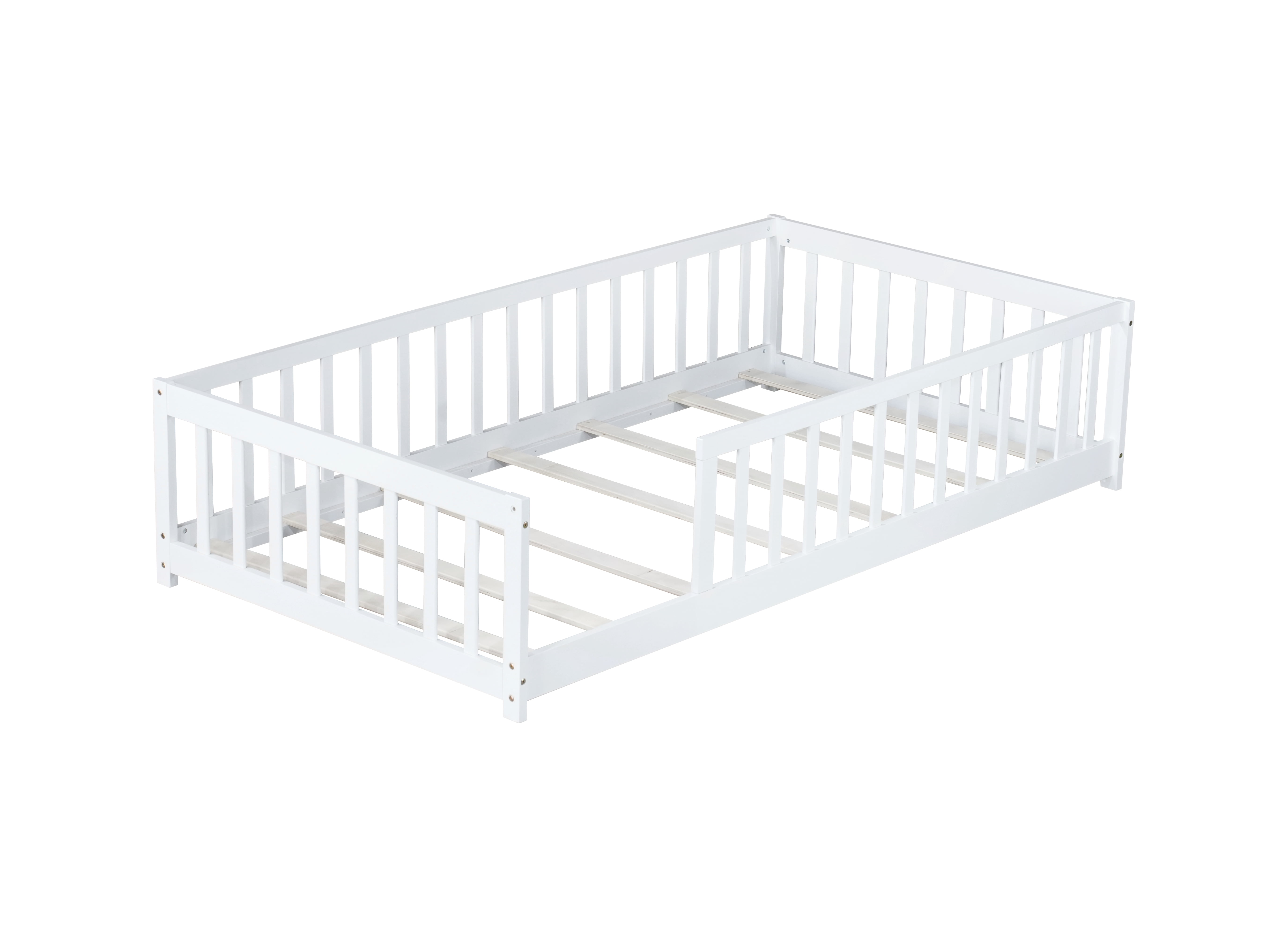 Twin Size Floor Bed with Fence without Door, Rubber Wood Floor Bed with Safety Guardrails, White