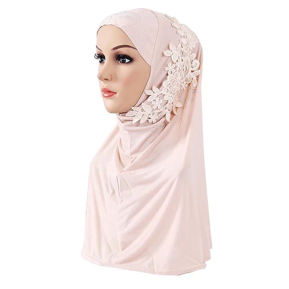 Opolski Women Solid Color Lace Rhinestone Muslim Hijab Wrap Islamic Scarf Cap Head Cover