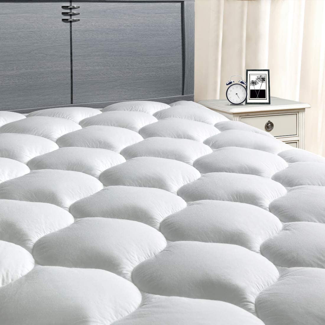 8-21/’/’Fitted Deep Pocket Queen Size OBOEY Queen Size Mattress Pad Cover Breathable Top Pillow Top with Snow Down Alternative Fill Cooling Mattress Topper Quilted