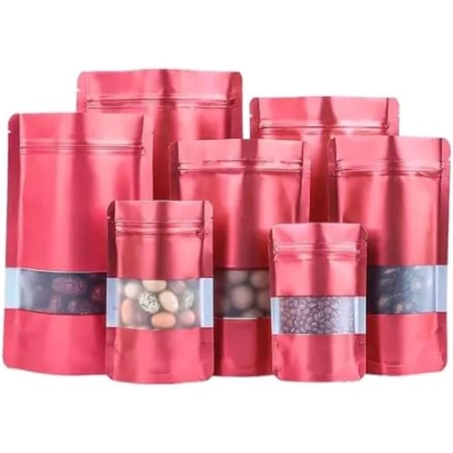 Boshmo Sacs à Main Mats, 100 Pcs Réutilisables avec Fermeture Éclair et Fenêtre Mate pour Rangement Multi-Usage (6.3 x 9.4, Rouge)