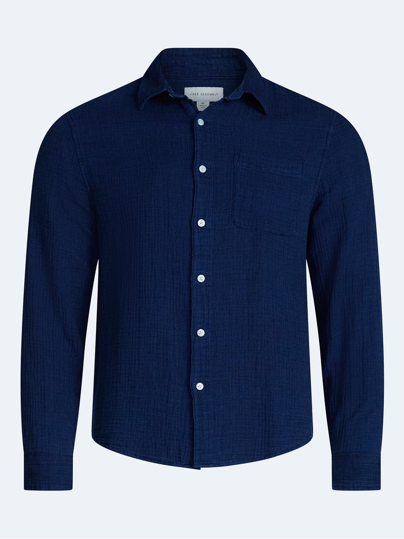 Free Assembly Men's Button Front Double Cloth Shirt with Long