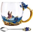 thumbnail image 1 of ZHAOCHENG Taza de té JHIJHOO, regalos para el día de la madre, taza de café, tazas de vidrio transparente con juego de cucharas, mariposa hecha a mano sin plomo, diseño único de esmalte de flor de ros, 1 of 5