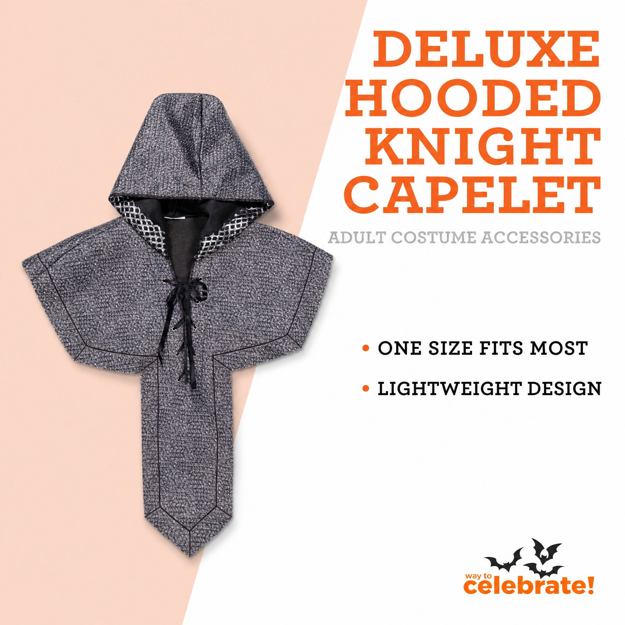 Deluxe Hooded Knight Capelet Costume Accessory for Adults, Gray, Halloween by Way To Celebrate