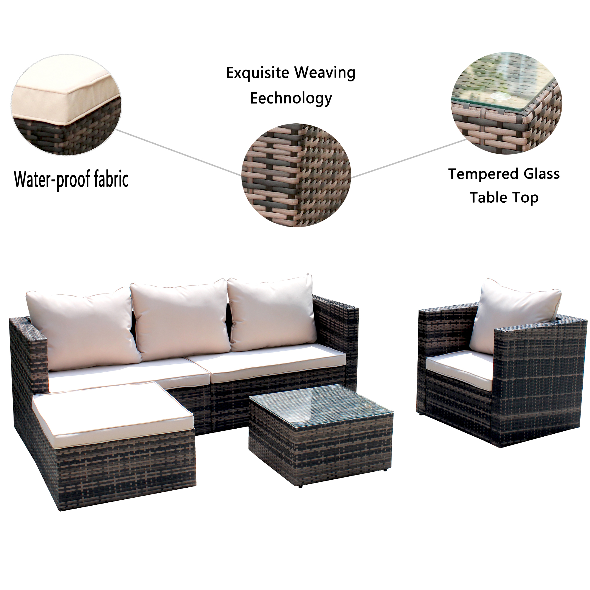 Outdoor Conversation Sets, 4 Piece Patio Furniture Sets with Wicker Chair, 3-Seat Sofa, Ottoman, Glass Table, All-Weather PE Rattan Patio Sectional Sofa Set for Backyard, Porch, Garden, Pool, L4487 - image 4 of 11