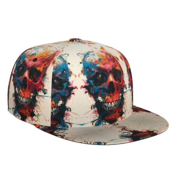 Flat Bill Trucker Hats for Women Men - Abstract Colorful Skull Art Adjustable Flat Baseball Cap Snapback Hats Dad Hats for Men