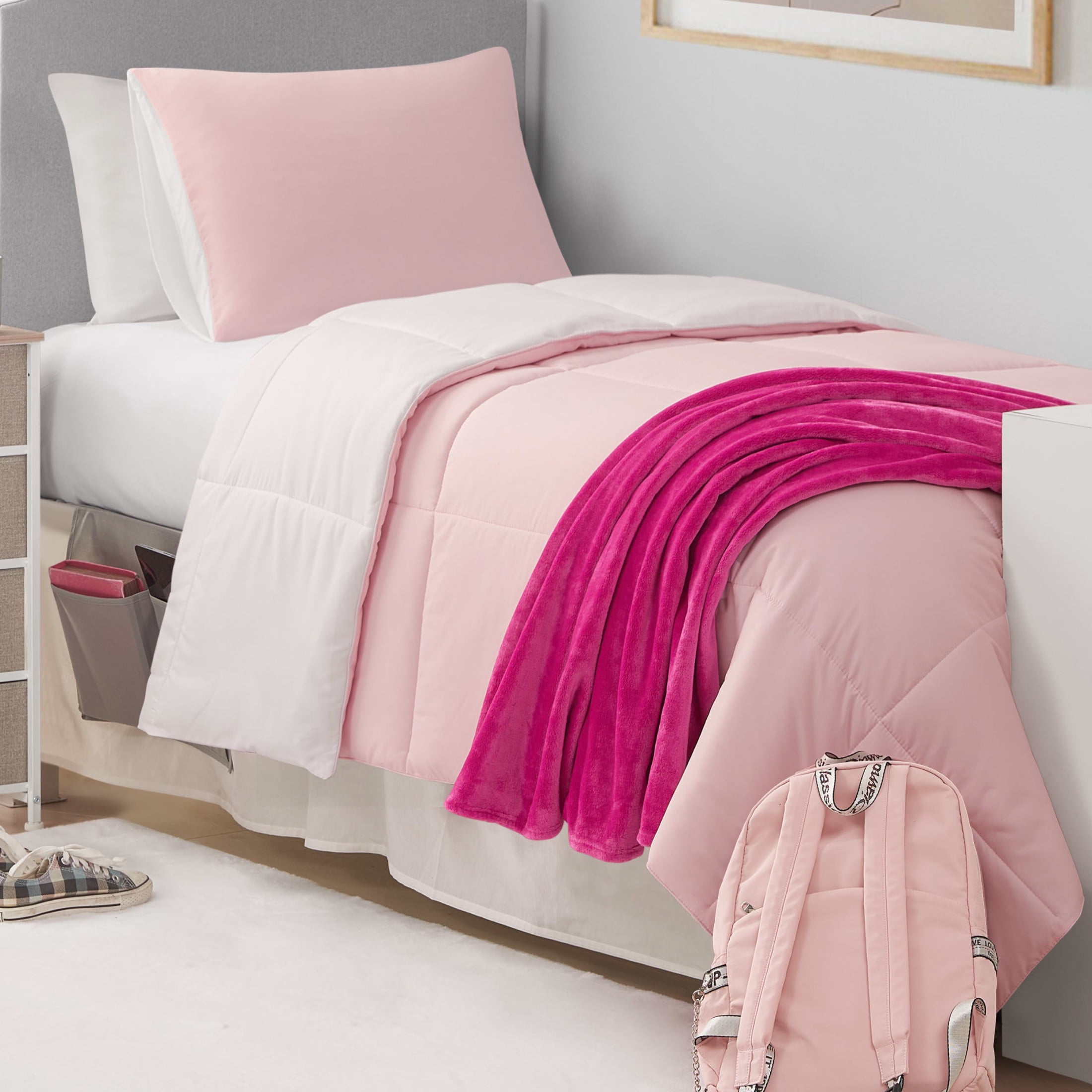 The Sheet Lab Reversible Box Stitch Comforter Set, 3-Piece Full/Queen – Light Pink/White