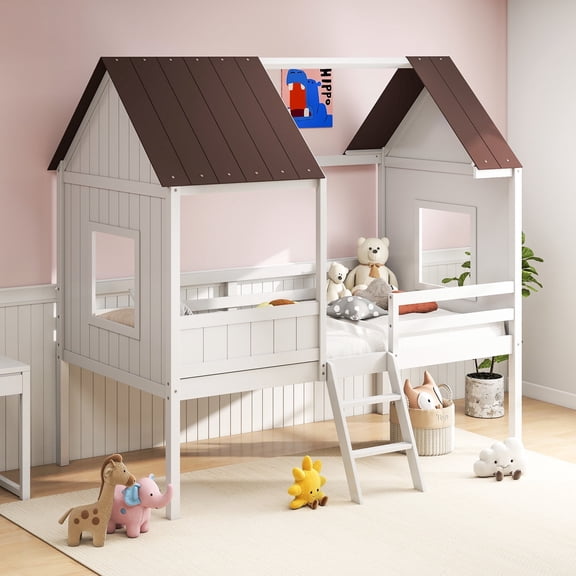 Twin Loft House Bed Frame with Window, Detachable Roof, Ladder and Safety Guardrail, Montessori Loft Bed, 350 lbs Heavy Capacity