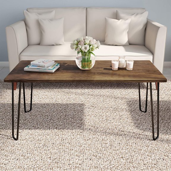 Lavish Home Coffee Table with Hairpin Legs - Modern Industrial Style Home Decor - Woodgrain-Look and Steel Accent Living Room Furniture
