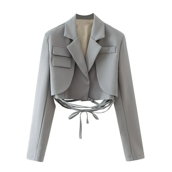 Black*Friday Chaoheng Womens Blazers for Work Casual Women's Solid Color Tie Waist Blazer,Short Length Long Sleeve Belted Jacket