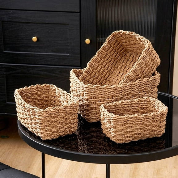 4PCS Stackable Woven Baskets, Small Baskets for Organizing, Square Hand Woven Paper Rope Storage Box, Organizer Bins for Shelves and Home Storage