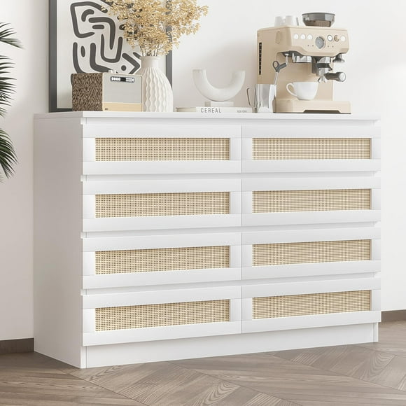 8 Drawer Double Dresser for Bedroom, Rattan Chest of Dressers, Modern Wooden Dresser Chest, Beside Table for Closet, Living Room and Entryway
