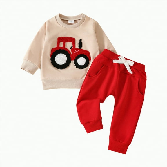 Teen Boy Clothes Boys Fall Winter Tractor Print Long Sleeve Elastic Waist 1T 2T 3T Everyday Outfit Set 2Pcs