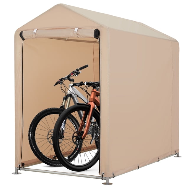 Yiwa Outdoor Bike Storage Unit Holds 1-2 Bikes Securely With a Tough 420d Waterproof Cover, Strong Steel Frame, Uv Protection, And a Space-Saving Triangular Roof, Perfect For Your Garden, Yard