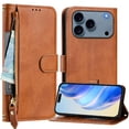 thumbnail image 1 of Zipper Wallet Case for iPhone 17 Pro Max with Card Slots & Wrist Strap, Flip Cover Stand Brown, 1 of 5