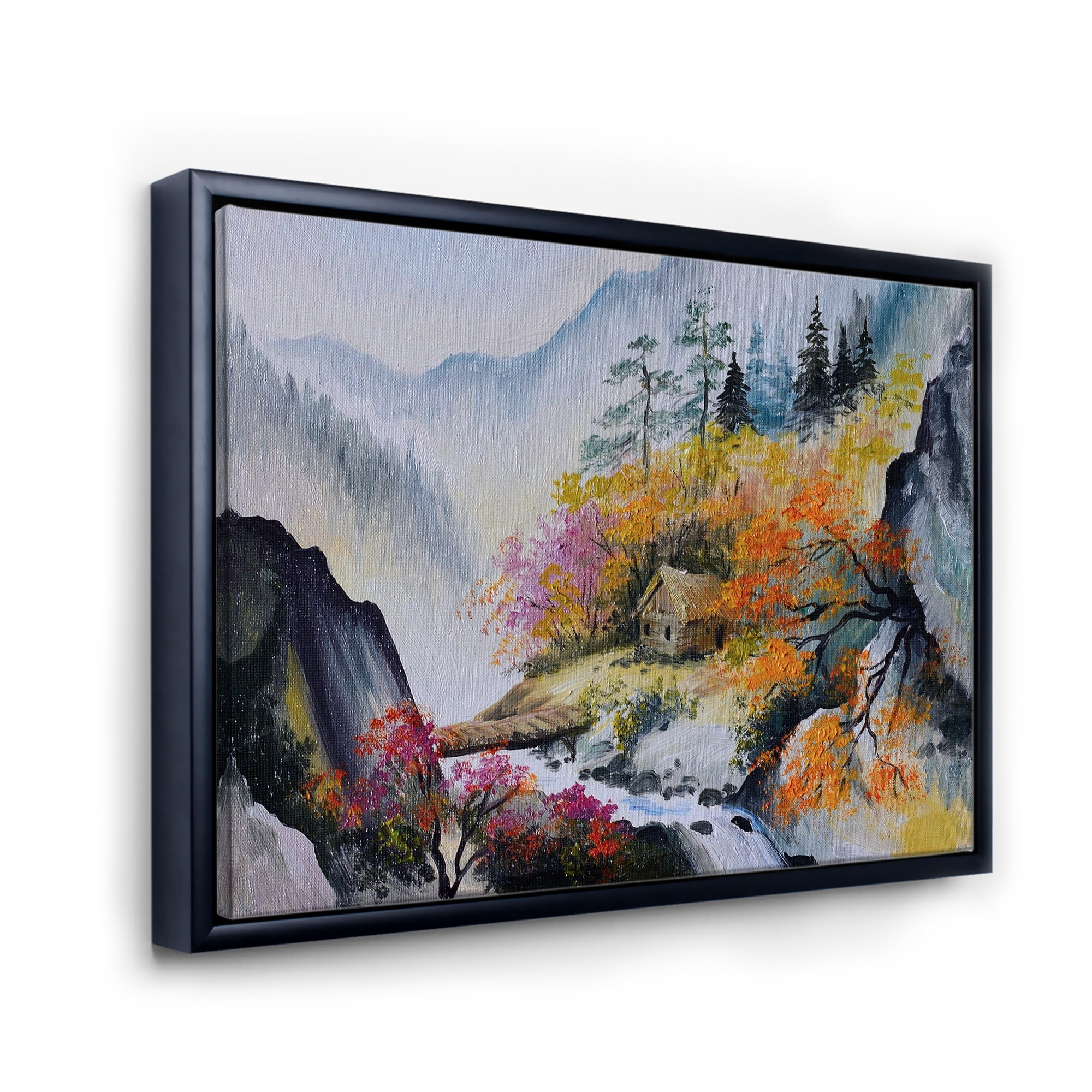 Designart 'VIbrant Mountain Landscape With Little House' Traditional Framed Canvas Wall Art Print