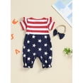 thumbnail image 5 of Musuos Newborn Girl 4th for July Outfit, 3M 6M 9M 12M 18M Short Sleeve Stars Stripes Print Patchwork Jumpsuit with Bowknot Headband, 5 of 10
