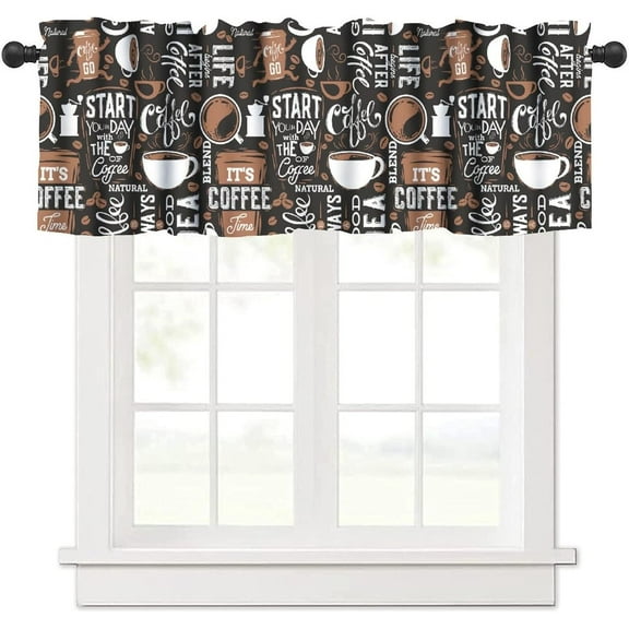 Coffee Valance Curtains Black White Brown Cups Text Graffiti Modern Decoration Window Treatments for Bedroom Kitchen Living Room Office 54x18inch