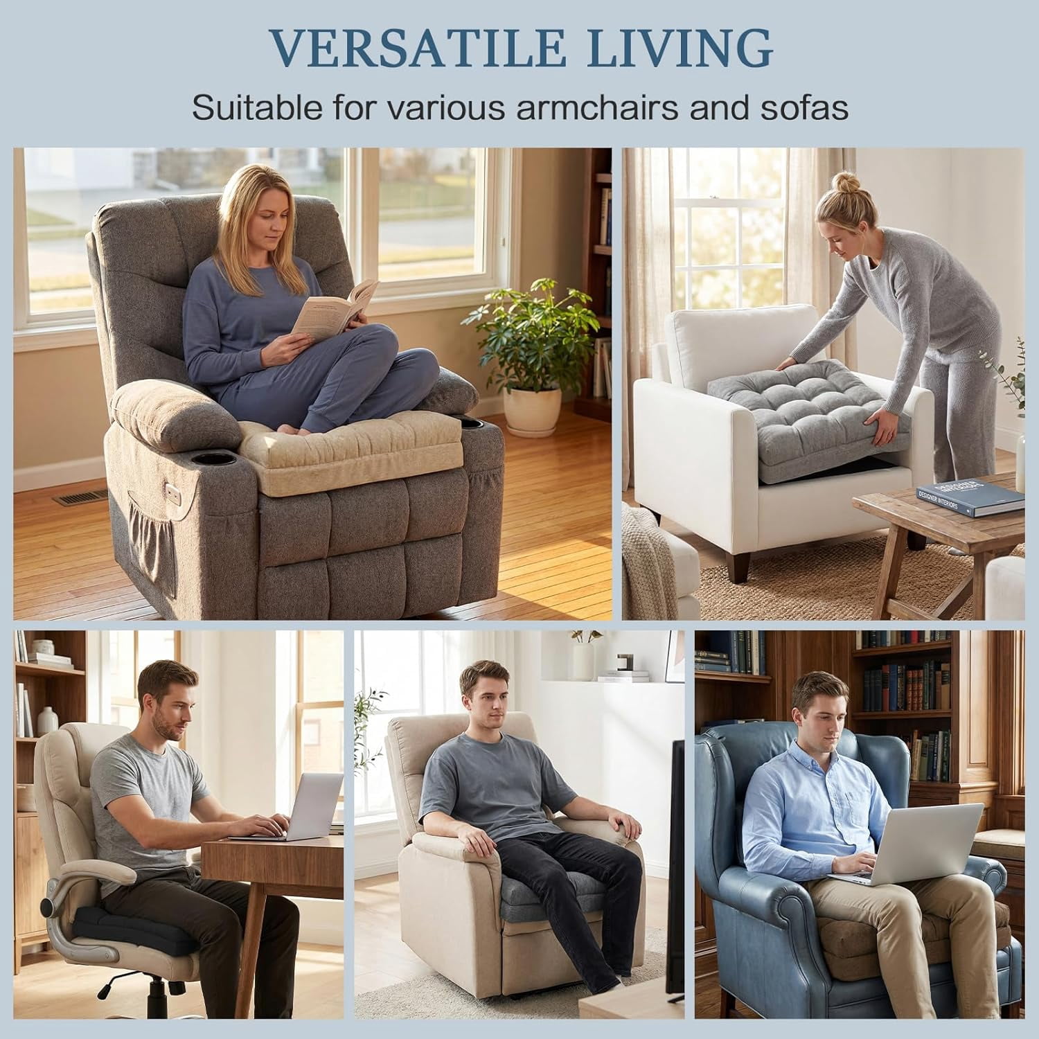 Extra Large Memory Foam Recliner Cushions for Elderly, 20x20x5 Inch Thick Dual-Layer Patent Design Non-Slip Recliner Seat Cushion for Couch for Easy to Stand Up & Reduce Hip & Lumbar Pain, Grey