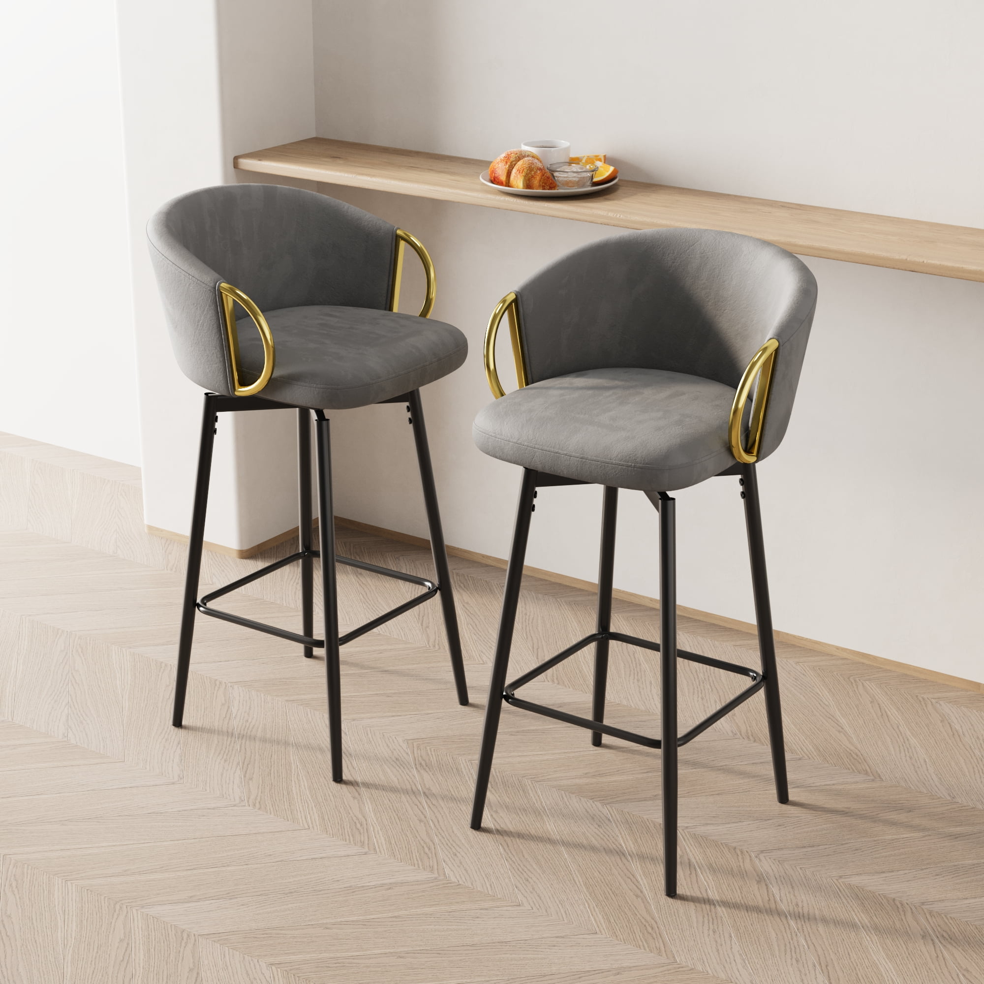 MAYEERTY 30" Velvet Swivel Bar Chairs Set of 2 – Modern Grey & Black, Comfortable, Space-Saving, Easy Assembly