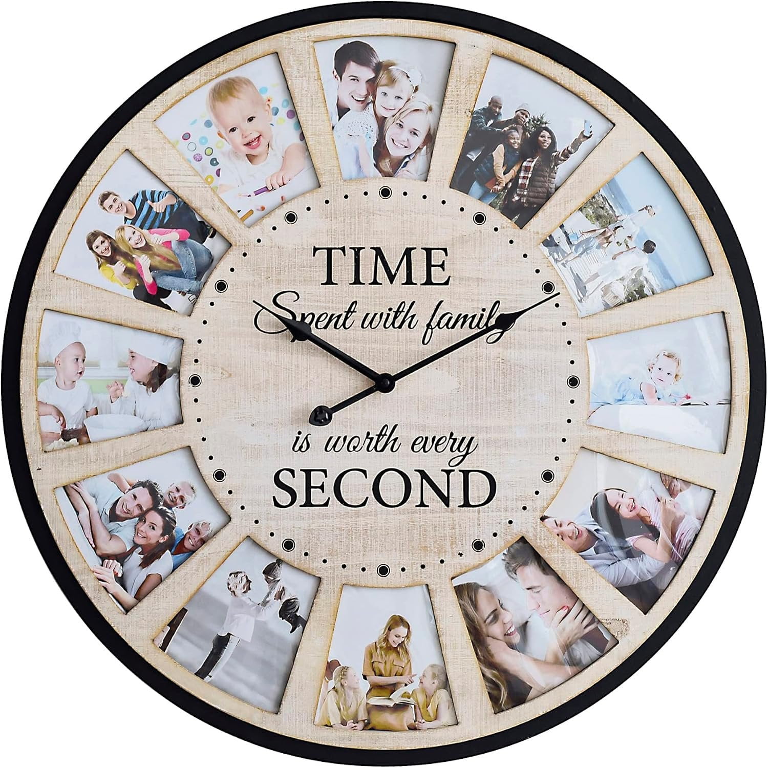12 Photo Collage Rustic Wall Clock, Large Family Picture Wall Clock for Living Room, , Kitchen, Silent 24 Inch