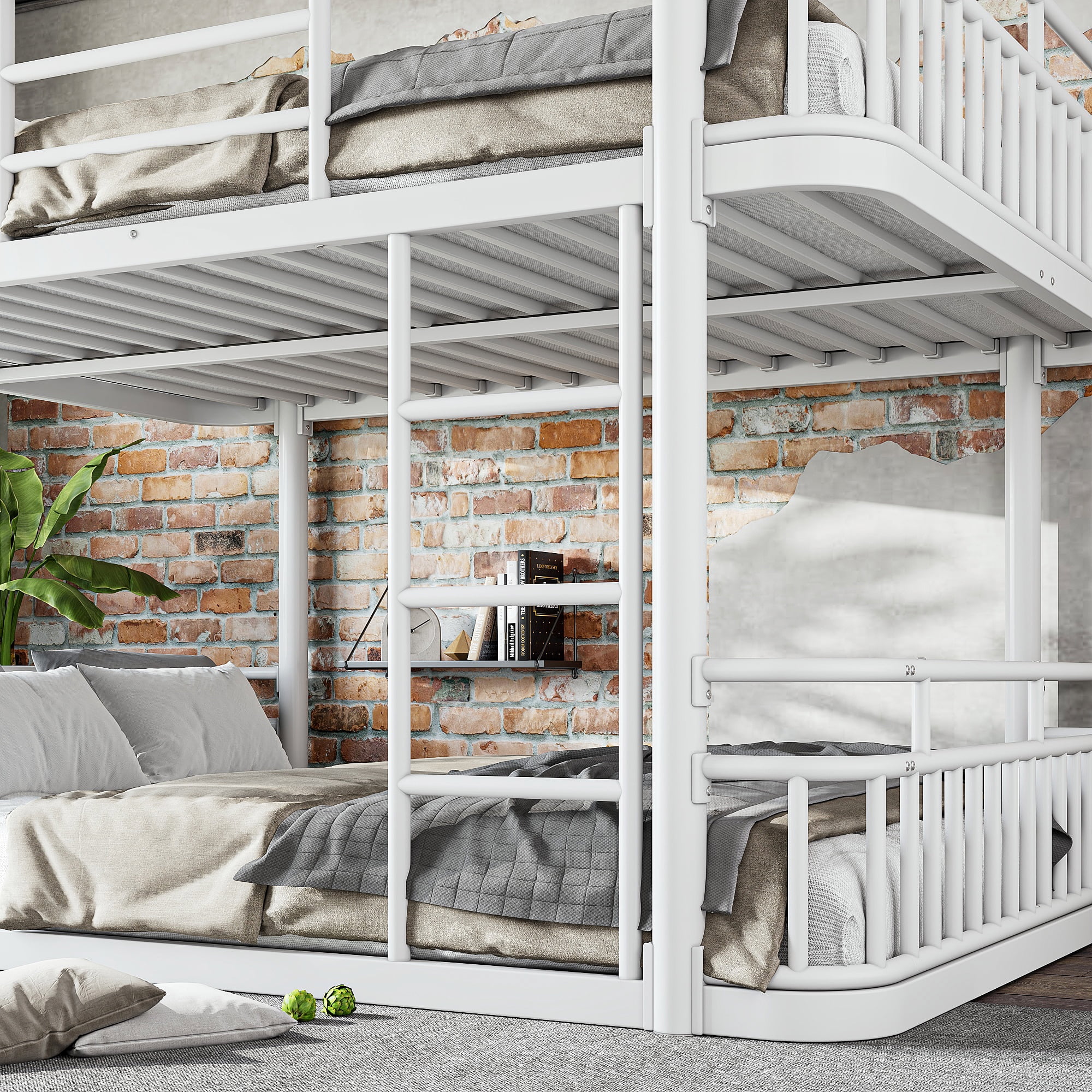 Leumius Queen over Queen Bunk Bed Frame with Ladders & Guardrails, Upgraded Round-Pipe Metal Frame, Stylish & Versatile for Any Room,White