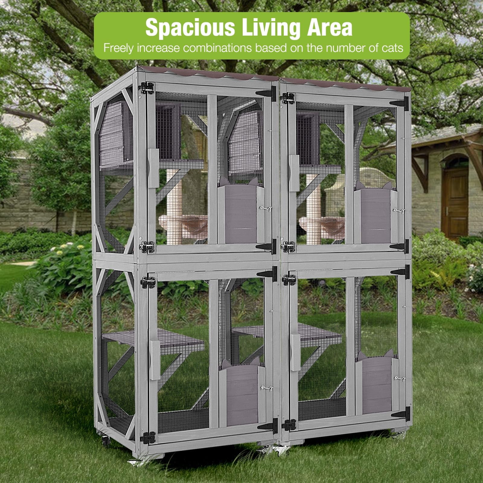 MEDEHOO Catio Outdoor Cat Enclosure on Wheels, Outdoor Cat House with Resting Box, PVC Layer, Waterproof Roof, 62.5"