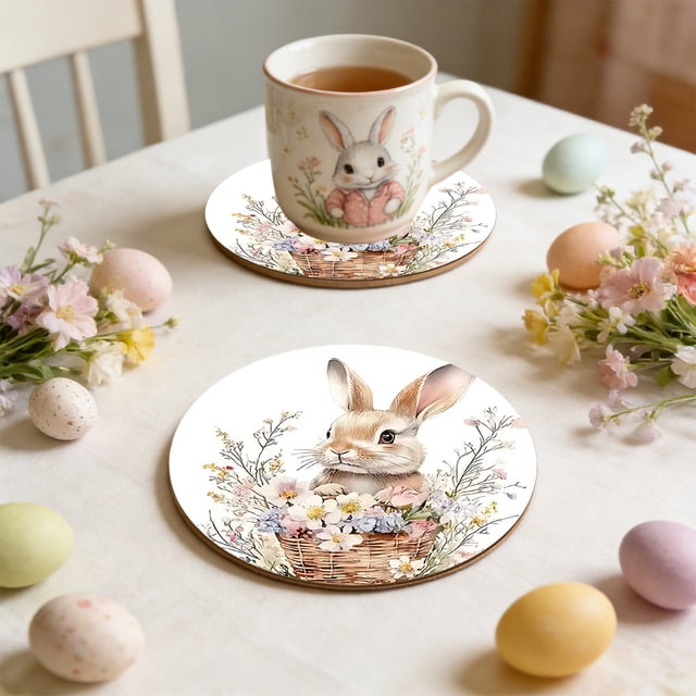 Eoozwa Easter Theme Wooden Coaster, Bunny Pattern Heat Insulation Mat for Coffee Cup Tea, Household Dining Table Protector, 3.94 x 3.94 Inches