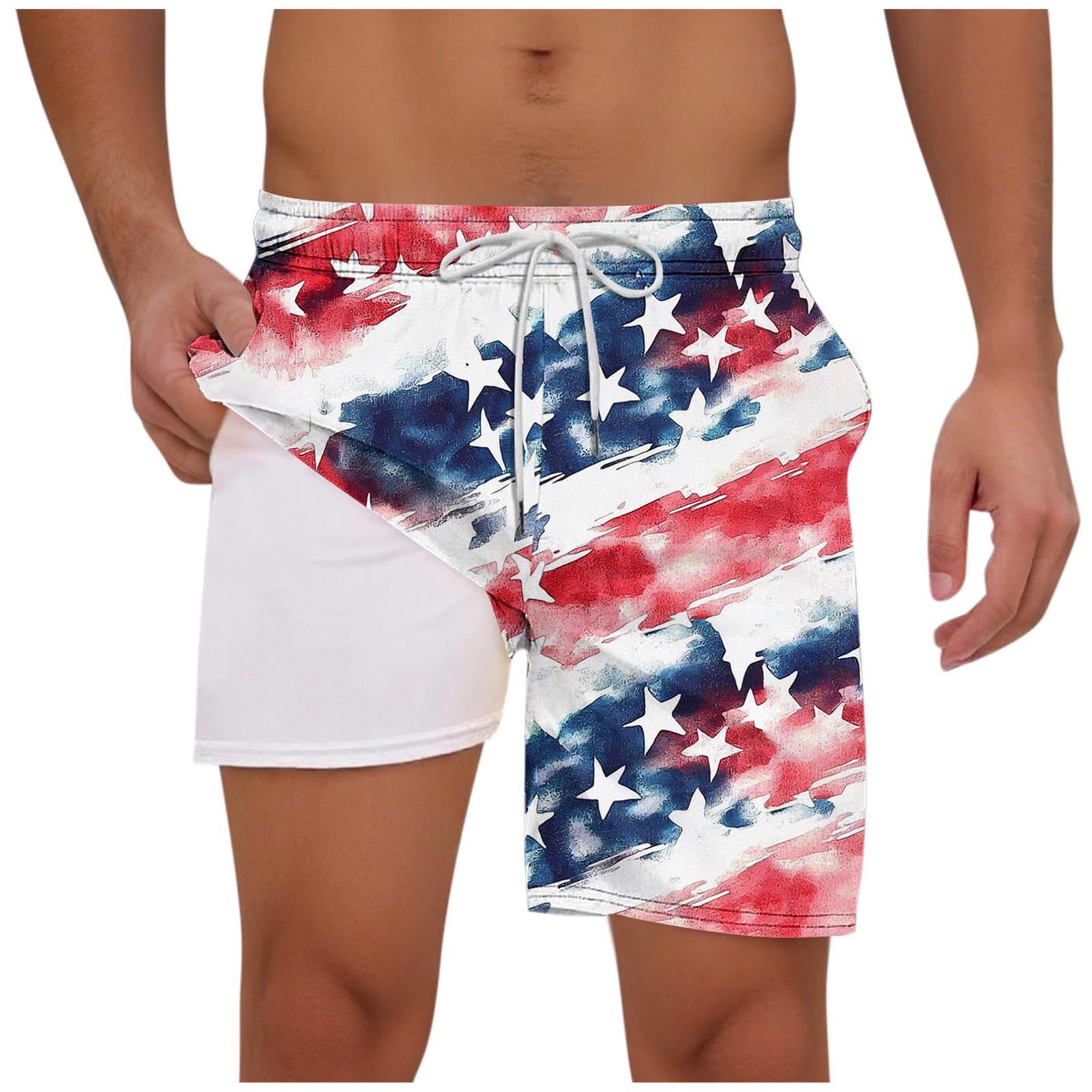 WAENQINLA Mens American USA Flag Swim Trunks with Liner Quick Dry Elastic Waist Drawstring Bathing Suits Summer Low Waist Swim Shorts