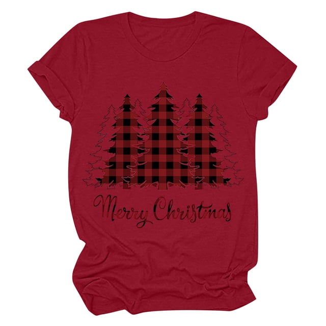 Haut de Sapin de Noël Femme Décontracté Col Rond Manches Courtes T-shirt Imprimé Sapin de Noël Haut