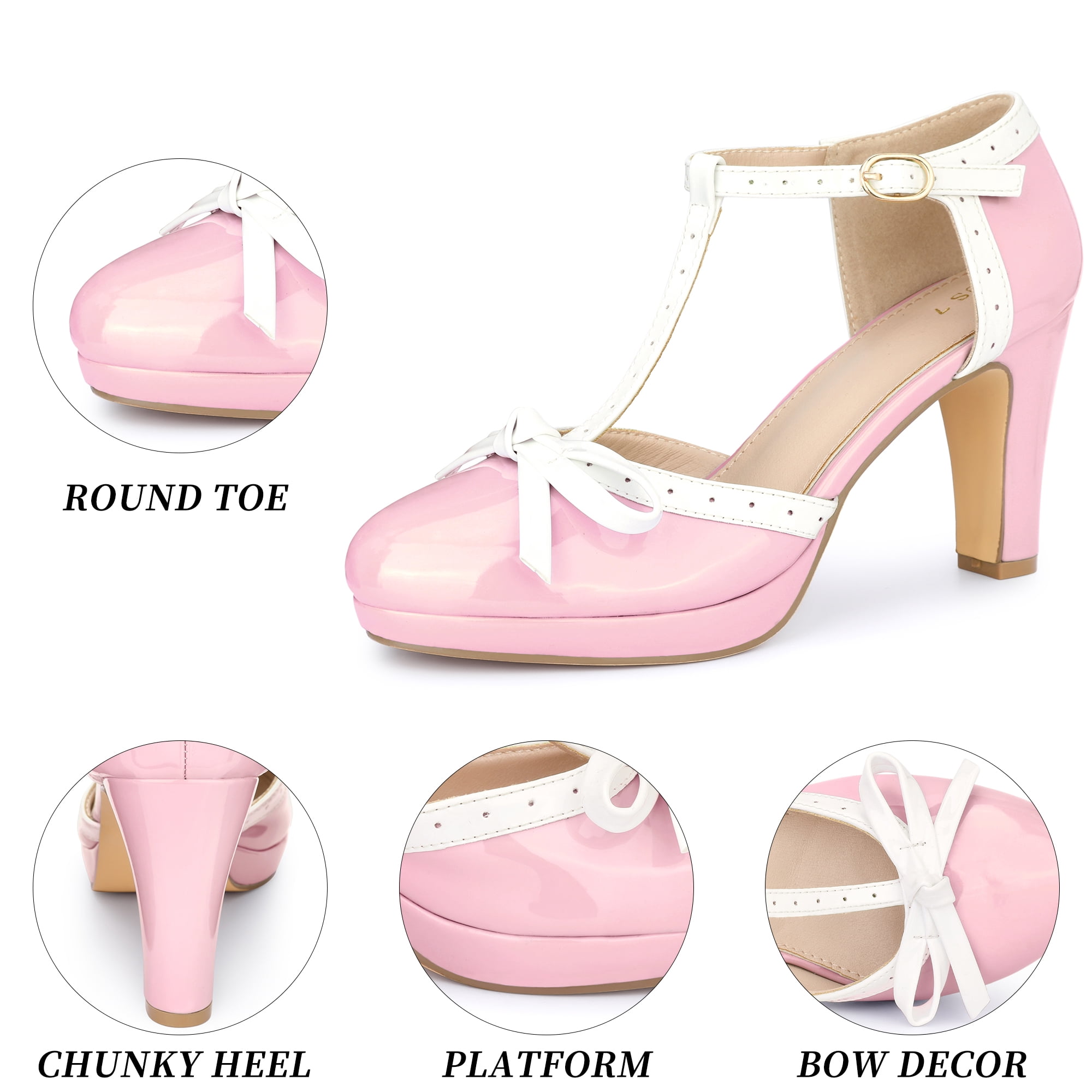 DARING DIVA Women's Bow Platform T-Strap Block High Heel Pumps Pink 8