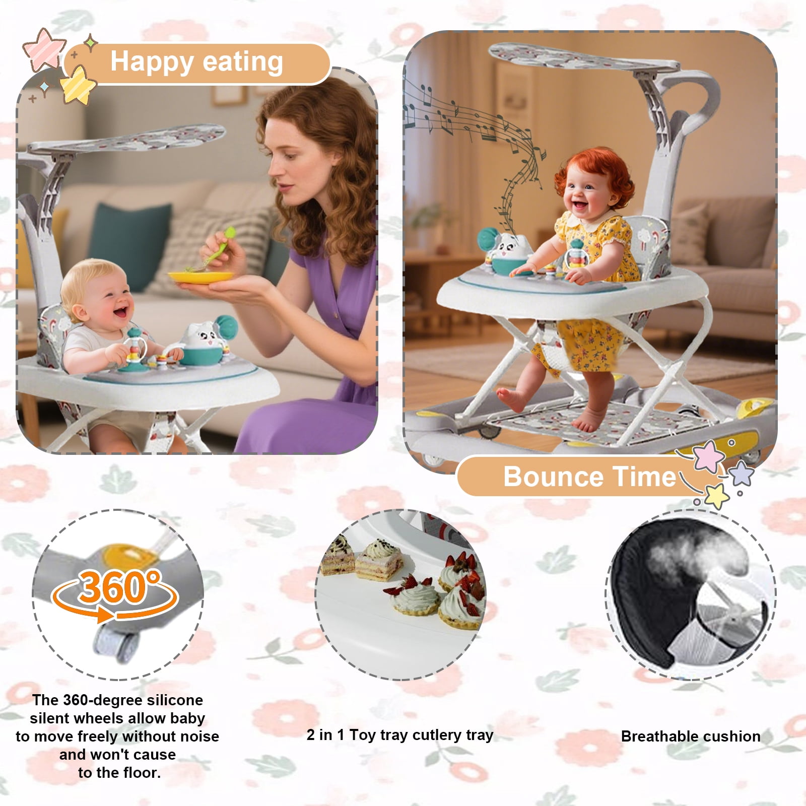 MINGYI 5-in-1 Foldable Baby Walker for 6 Months+ Boys and Girls, Height Adjustable, Push Walker with Wheels(Grey)