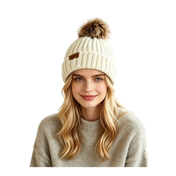 zrova Women's Winter Knit Beanie Hat with Faux Fur Pom Pom, Warm Soft Skull Cap