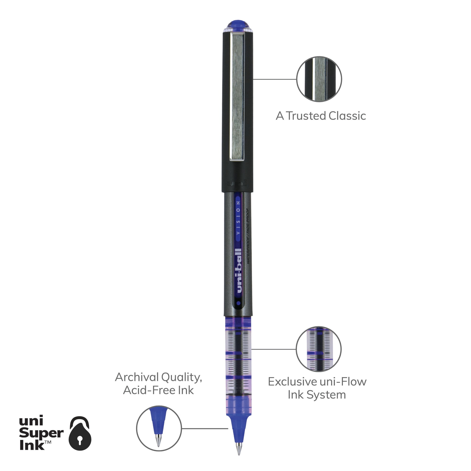 uniball Vision Rollerball Pens, Micro Point (0.5mm), Blue Ink, 12 Count
