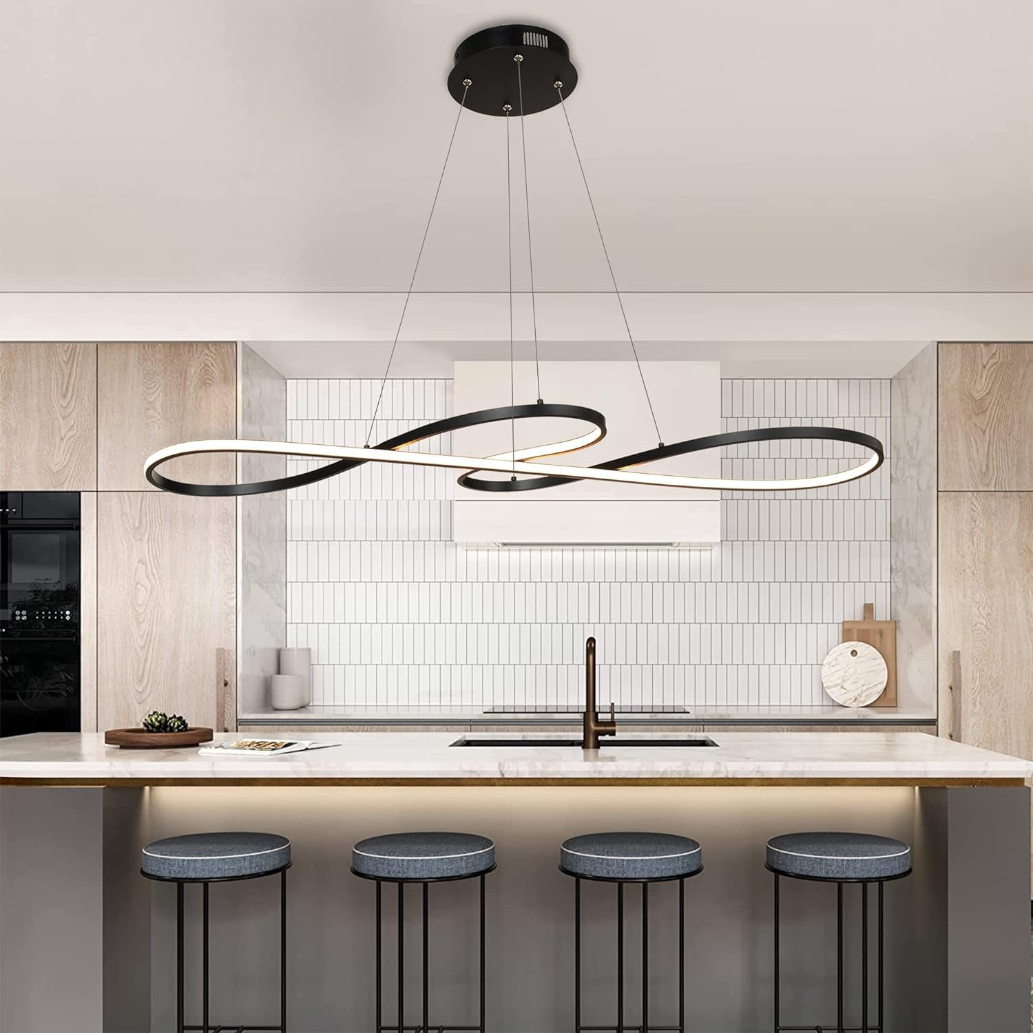 Pendant Light Modern Dimmable Chandelier Musical Note Black Contemporary Wave Hanging Lighting Fixture for Bedroom Kitchen Island Dining Room Living Room
