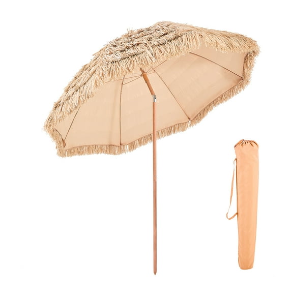 KFFKFF 8 ft Thatched Patio Umbrella with Tilt, Hawaiian Style Beach Parasol Featuring Durable PP Thatch and 8 Metal Ribs, Ideal for Beach, Patio, Poolside, Backyard, and Garden
