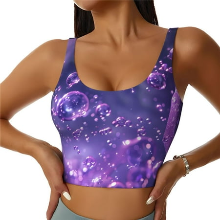 Qokaie Purple Bubble Abstract Art Pattern Womens Scoop Neck Sports Bra Breathable Workout Vest Padded U Back Medium Impact Fitness Gym Yoga Bra Workout Crop Top-Small