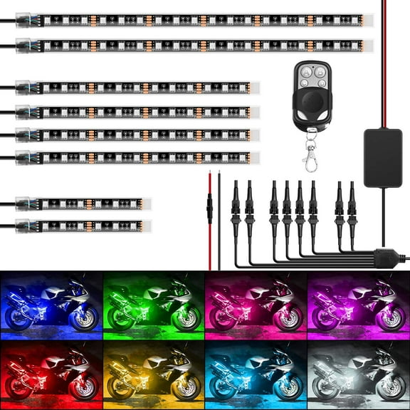 GOWINSEE 8PCS Motorcycle LED Light Kit, Waterproof LED Strip, Multi-Color Atmosphere Lights Lamp with 4Key RF Wireless Remote for Harley Davidson Honda Kawasaki Suzuki