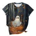 thumbnail image 5 of Women's Fall Halloween Shirts Forest Ghost Graphic Tees Short Sleeve Crew Neck T-Shirts Casual Autumn Leaves Novelty Tops Festive Holiday Wear, 5 of 6