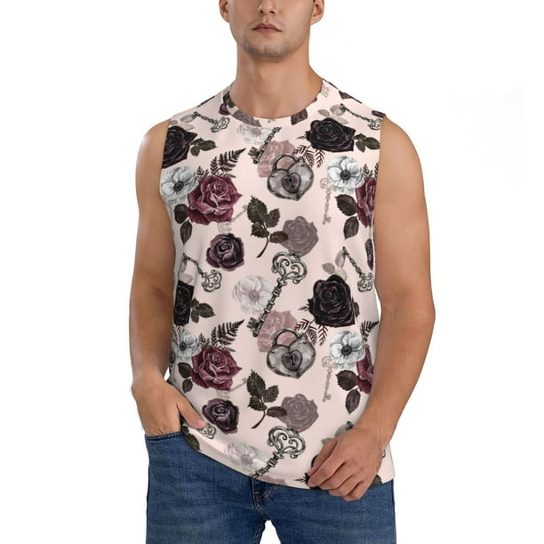 Fotbe Retro Red Black Roses Men's Camiseta sin Mangas Estampada para Hombres, Playera Casual para Gimnasio, Entrenamiento, Playa-Small