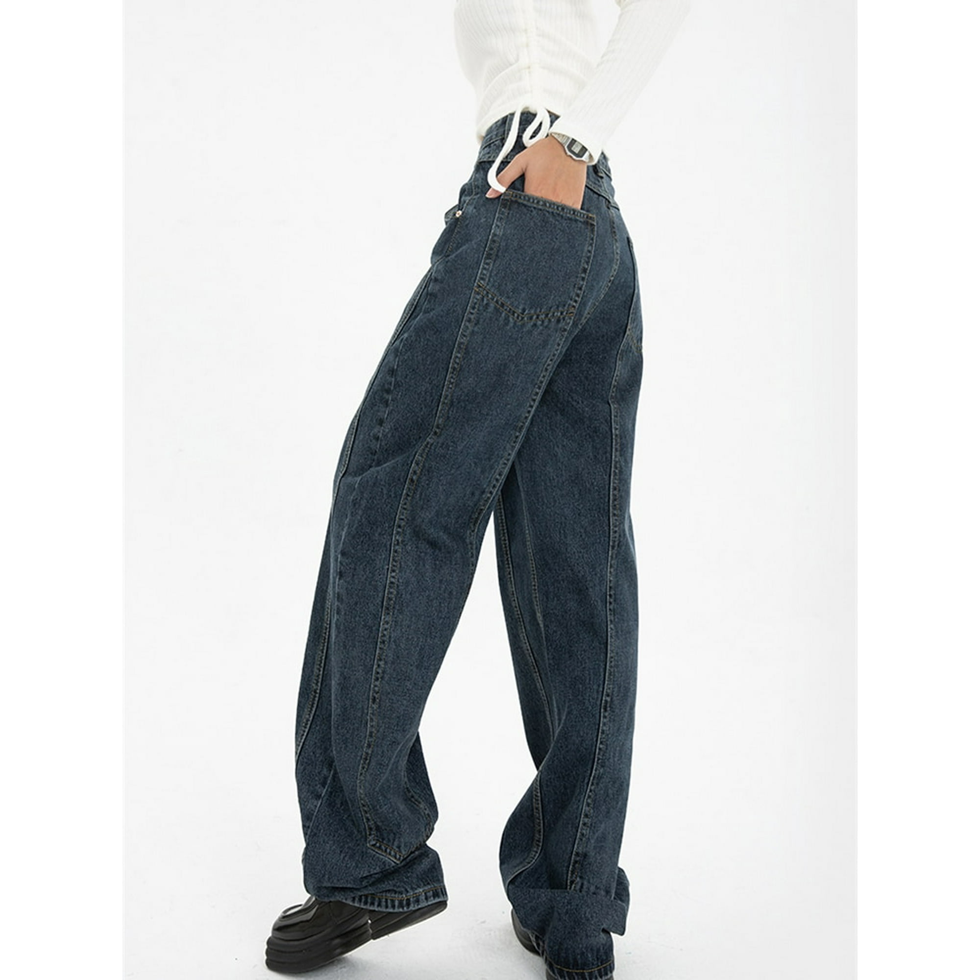 Dark Blue Womens Jeans High Waist Vintage Straight Baggy Denim Pants Streetwear American Style Fashion Wide Leg Denim Trouser Walmart
