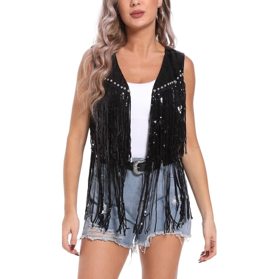 Women’s Sequin Fringe Jackets 70s Hippie Sparkly Glitter Vest Jacket Sleeveless Shiny Open Front Tassel Waistcoat Western Cowgirl Rave Party Outfits for Casual Cosplay Disco Country Concert