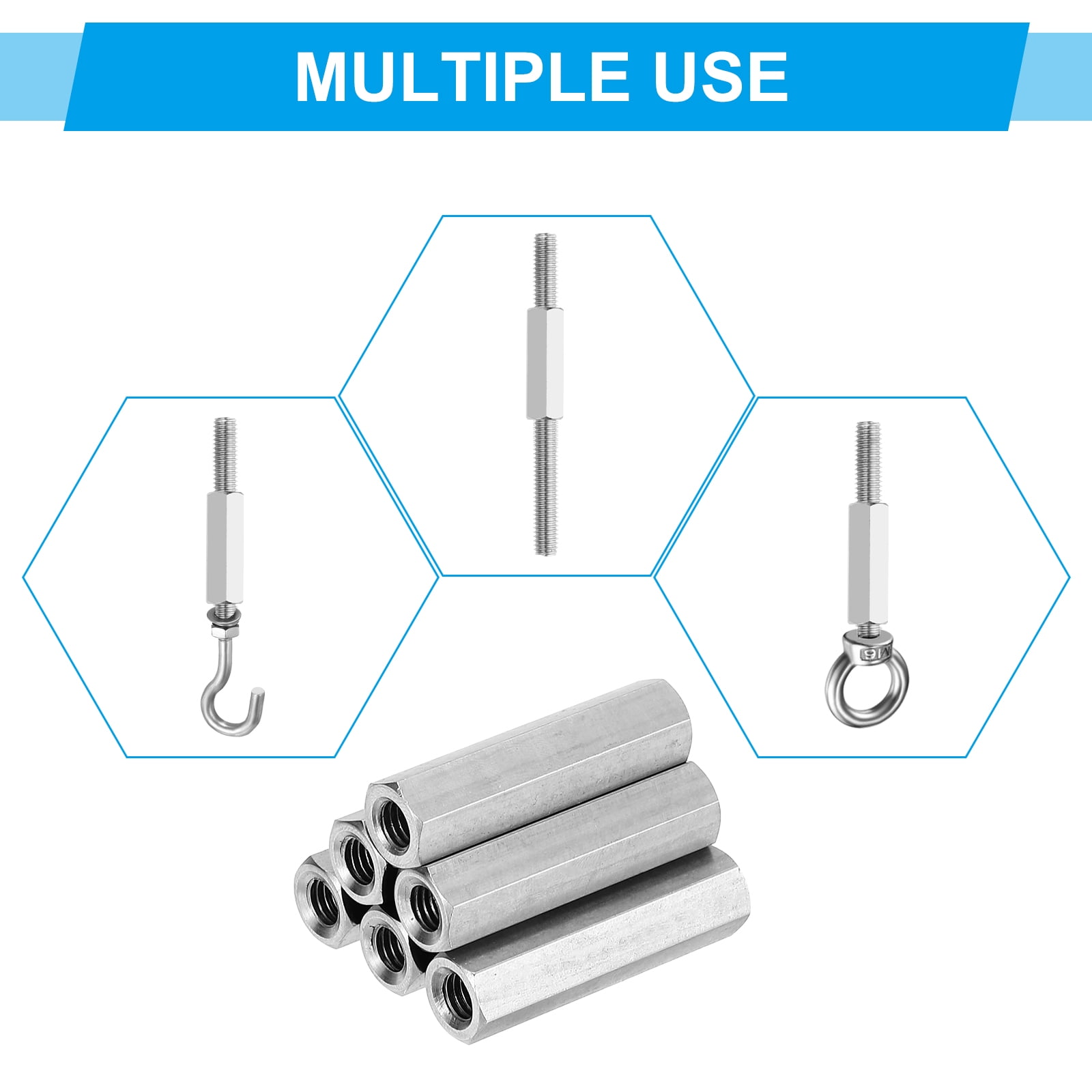 Uxcell M10x1.5mm Stainless Steel Hex Coupling Nuts, 6pcs 40mm Threaded Rod Connector