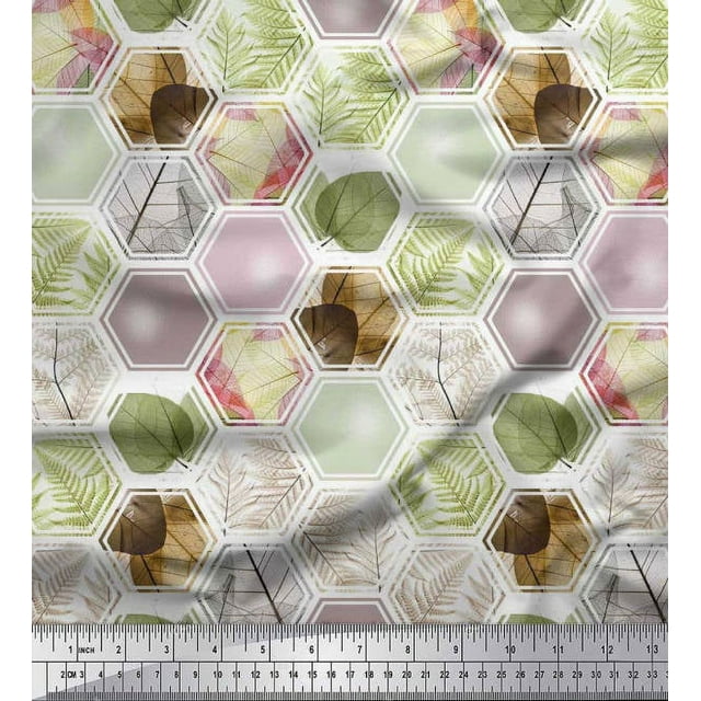 Soimoi Rayon Crepe Fabric Geometric & Leaves Patchwork Print Fabric by Yard 46 Inch Wide