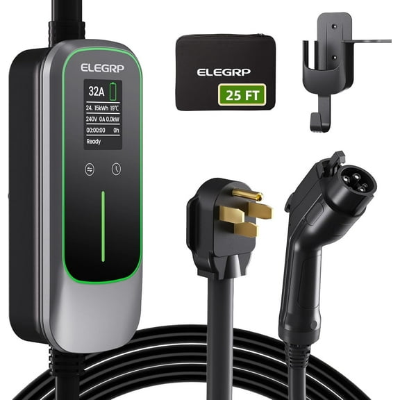 ELEGRP Portable Level 2 EV Charger (240V, 32A) with 25ft Cable and NEMA 14-50 for SAE-J1772 Electric Vehicles Current Adjustable and Reservation Charging Function