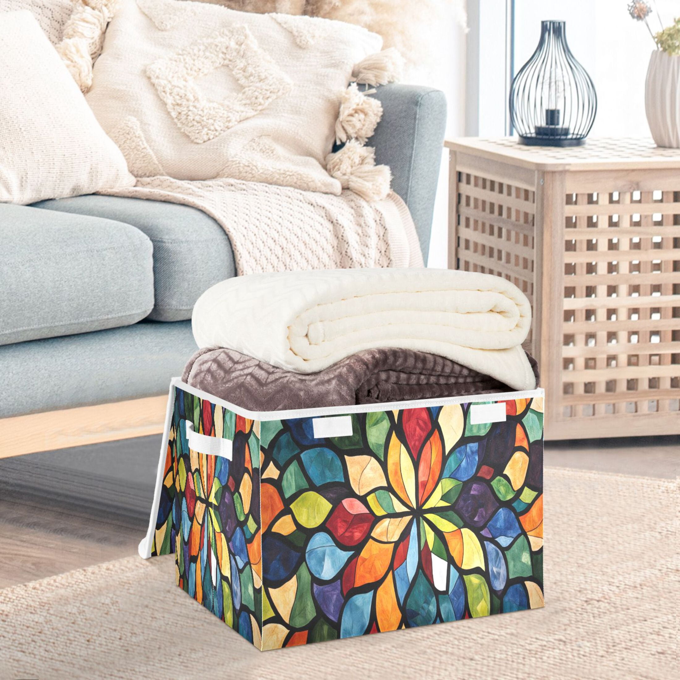 Ryvnso Boho Flower Style Large Lidded Foldable Storage Baskets Cubes Boxes Lids Bin for Home