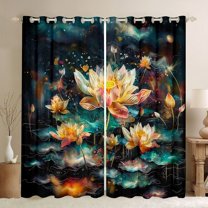 Manfei Country Lotus Leaf Black Out Curtains,Rustic Plant Curtains Pack of 2 (42x63 Each),Lake Botanical Floral Bedroom Curtains For Girls Teens,Super Cozy Room Decor