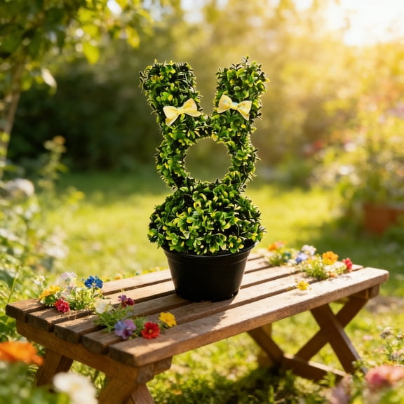 Easter Bunny Artificial Topiary, Faux Boxwood Rabbit Shaped Potted Plant with Bows, Indoor Outdoor Spring Holiday Decor for Home, Porch, Tabletop, Party