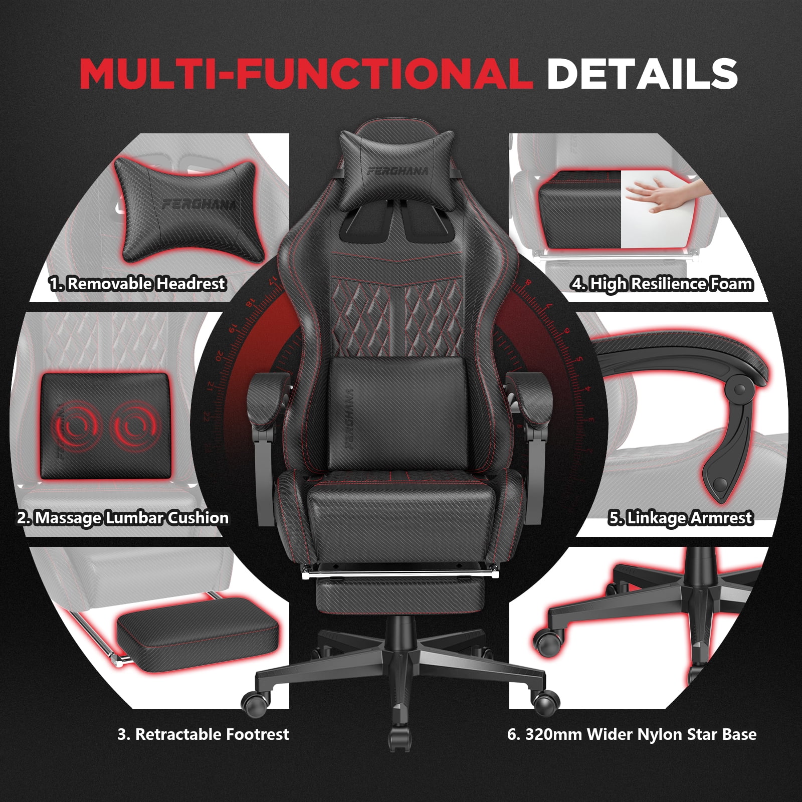Huracan Gaming Chair with Footrest,Computer Office Chair with Massage Lumbar Support & Headrest, High Back Vintage Game Chair for Adults, Black